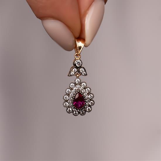 Kırmızı Damla Taşlı 14 Ayar Altın Kolye Ucu