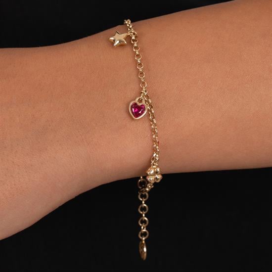 Kırmızı Kalp Detaylı 14 Ayar Altın Bileklik