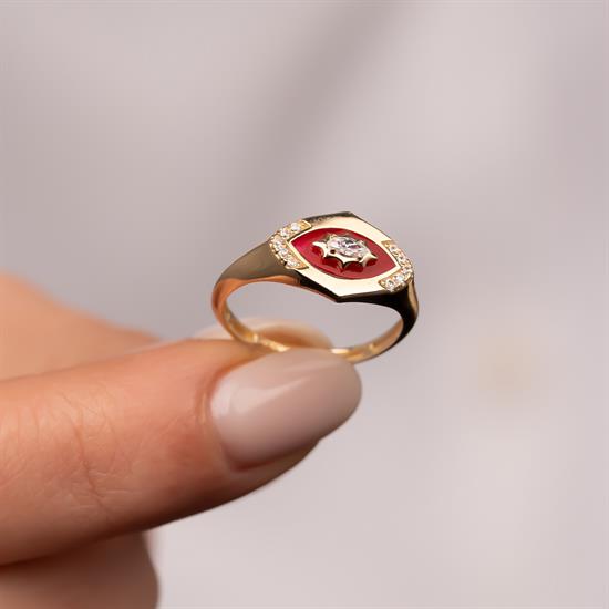 Kırmızı Mineli Markiz Taşlı 14 Ayar Altın Yüzük