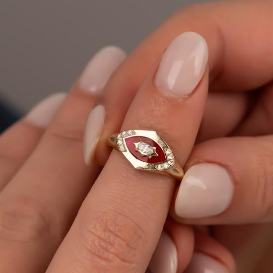 Kırmızı Mineli Markiz Taşlı 14 Ayar Altın Yüzük