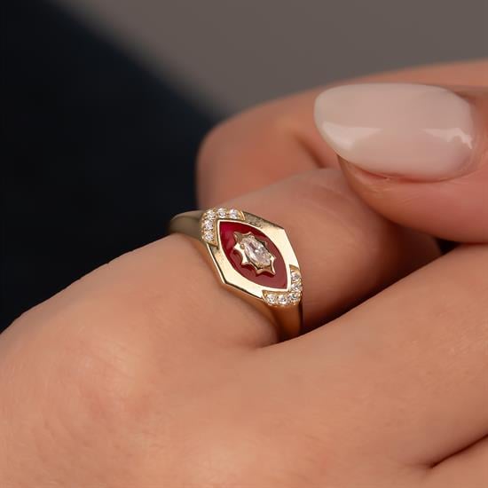 Kırmızı Mineli Markiz Taşlı 14 Ayar Altın Yüzük