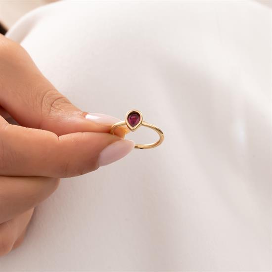 Kırmızı Damla Taşlı Cetaş 14 Ayar Altın Yüzük