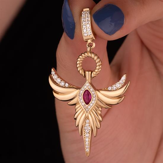 Kırmızı Taşlı Anka Kuşu 14 Ayar Kolye Ucu