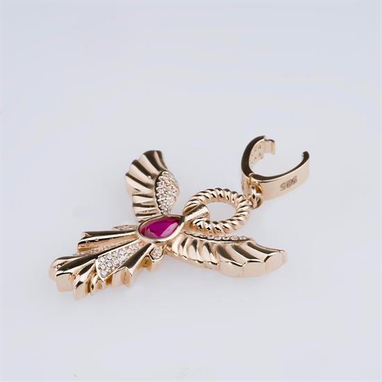 Kırmızı Taşlı Anka Kuşu Klipsli 14 Ayar Kolye Ucu 4 Cm