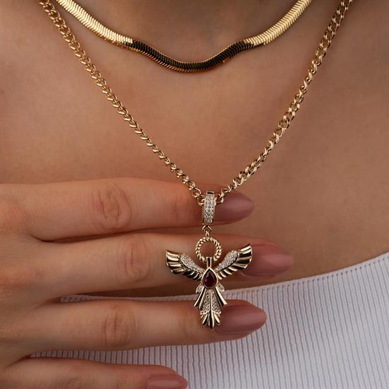 Kırmızı Taşlı Anka Kuşu Klipsli 14 Ayar Kolye Ucu 4 Cm