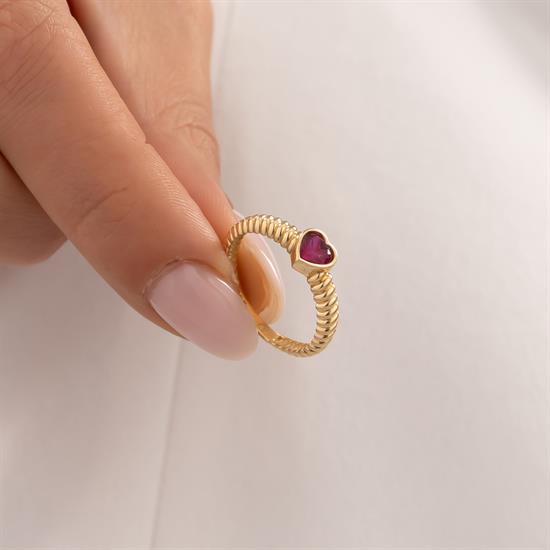 Kırmızı Taşlı Kalp Burgu Yüzük 14 Ayar Altın