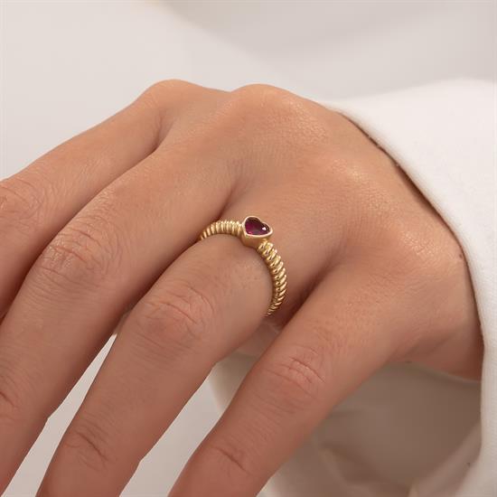 Kırmızı Taşlı Kalp 14 Ayar Altın Yüzük