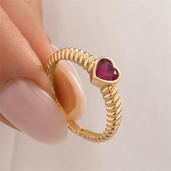 Kırmızı Taşlı Kalp Burgu Yüzük 14 Ayar Altın