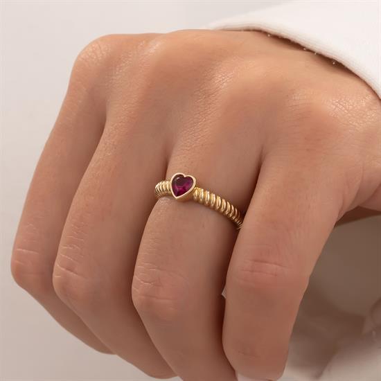 Kırmızı Taşlı Kalp 14 Ayar Altın Yüzük