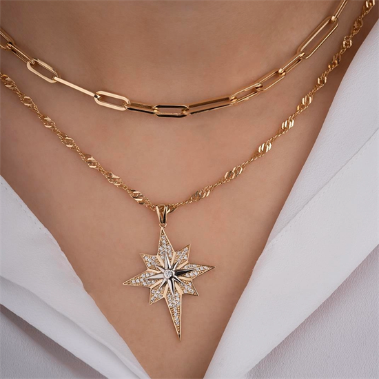 Kutup Yıldızı Taşlı 14 Ayar Kolye Ucu 4 Cm