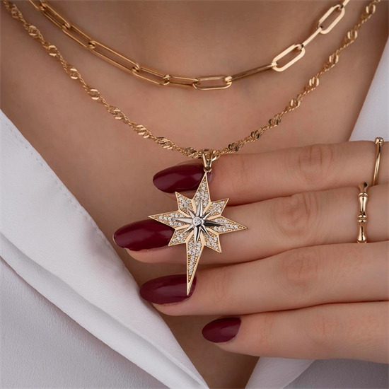 Kutup Yıldızı Taşlı 14 Ayar Kolye Ucu 4 Cm