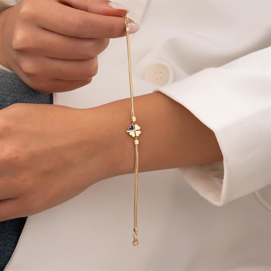 Lacivert Mineli Yonca Balıksırtı 14 Ayar Altın Bileklik