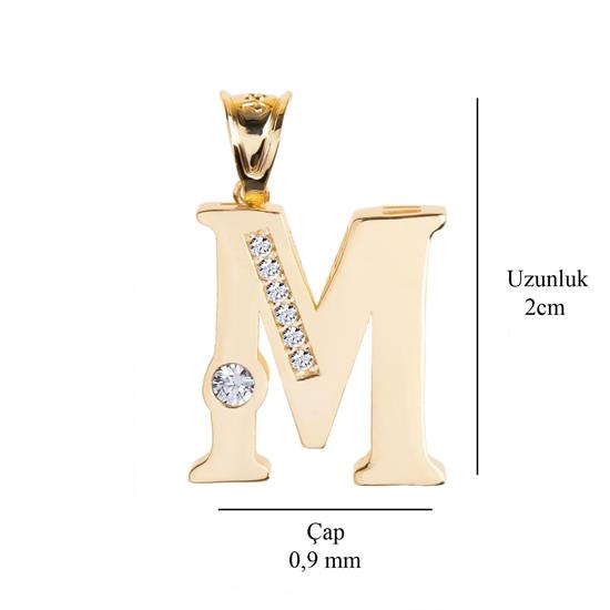 M Harfi Taşlı 14 Ayar Altın Kolye Ucu