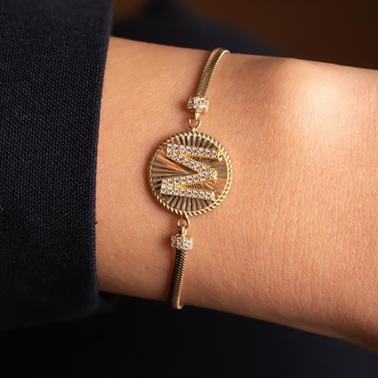 M Harfli Taşlı Bileklik 14 Ayar Altın