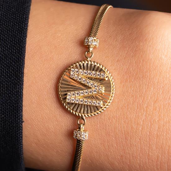 M Harfli Taşlı Bileklik 14 Ayar Altın