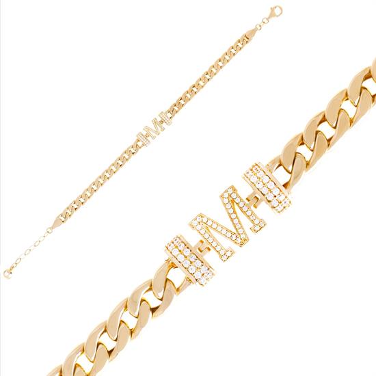 Taşlı M Harfli 14 Ayar Altın Bileklik