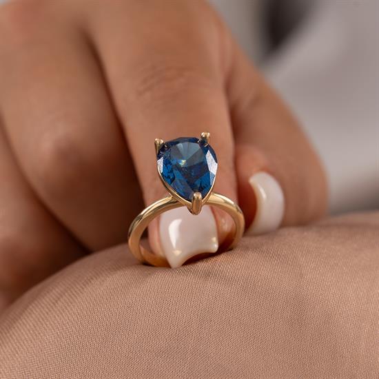 Mavi Baget Taşlı 14 Ayar Altın Yüzük