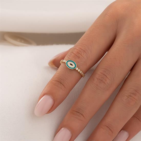 Mavi Beyaz Mineli 14 Ayar Altın Yüzük