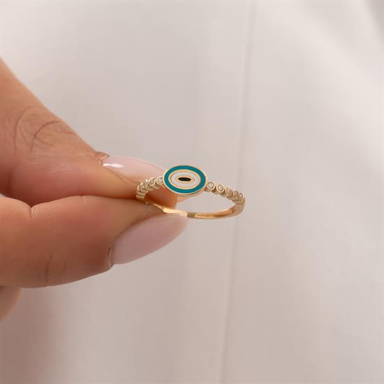 Mavi Beyaz Mineli 14 Ayar Altın Yüzük