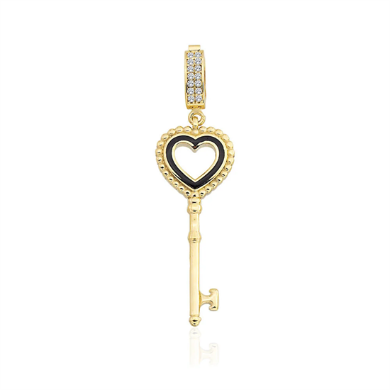 Siyah Kalp Mineli Anahtar Kolye Ucu 14 Ayar Altın