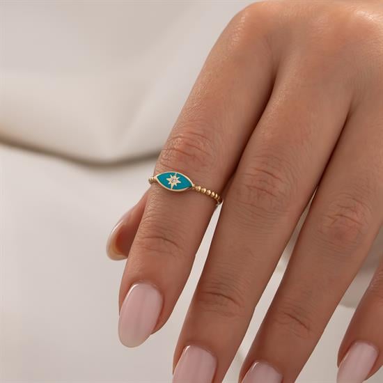 Mavi Mineli Tek Taşlı 14 Ayar Altın Yüzük