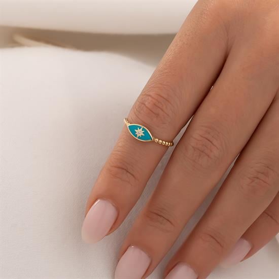 Mavi Mineli Tek Taşlı 14 Ayar Altın Yüzük