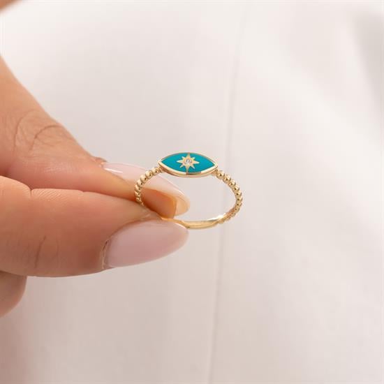 Mavi Mineli Tek Taşlı 14 Ayar Altın Yüzük