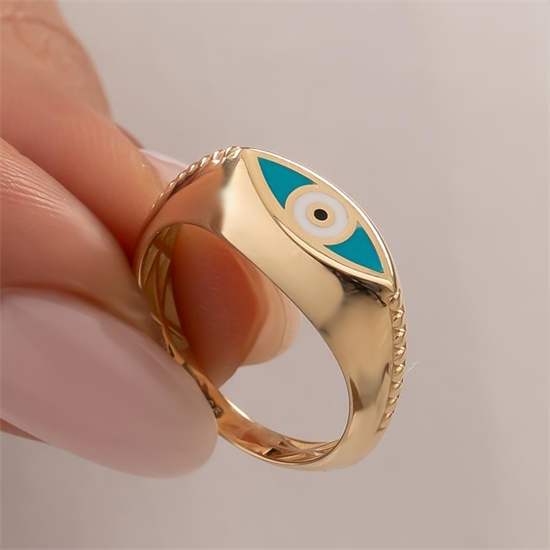 Mavi Mineli Göz 14 Ayar Altın Yüzük