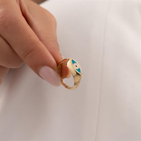 Mavi Mineli Göz 14 Ayar Altın Yüzük