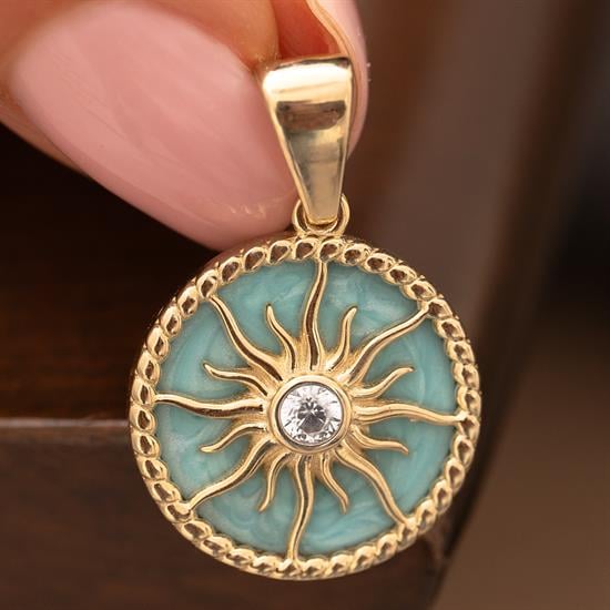 Mavi Mineli Ortası Taşlı Güneş 14 Ayar Kolye Ucu