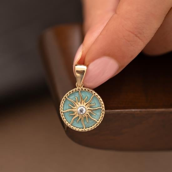 Mavi Mineli Ortası Taşlı Güneş 14 Ayar Kolye Ucu