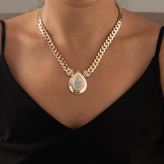 Mavi Mineli Özel Damla Tasarım Altın Kolye