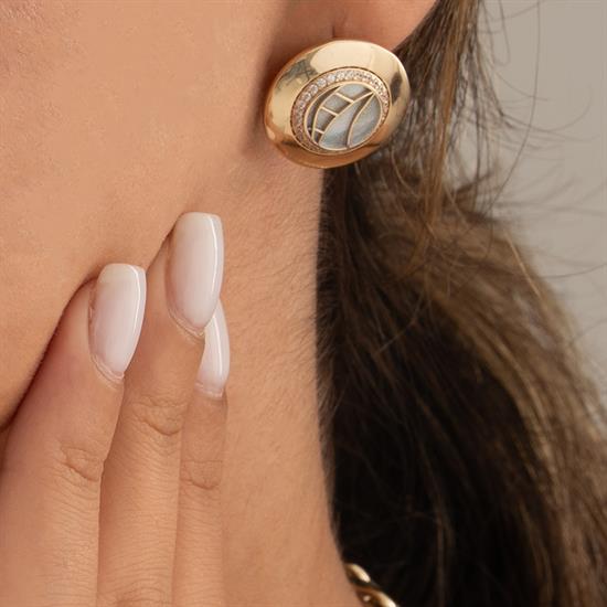 Mavi Mineli Özel Tasarım Oval Altın Küpe