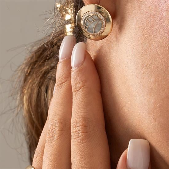 Mavi Mineli Özel Tasarım Oval Altın Küpe