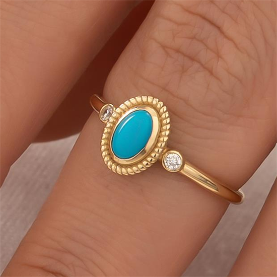 Mavi Mineli Taşlı 14 Ayar Altın Yüzük