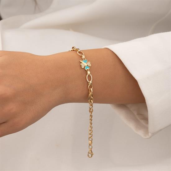 Mavi Mineli Yonca 14 Ayar Altın Bileklik