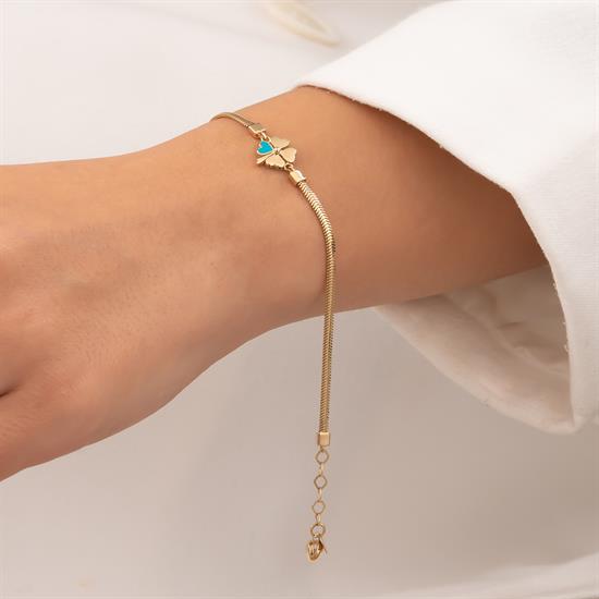 Mavi Mineli Yonca Balıksırtı Bileklik 14 Ayar Altın