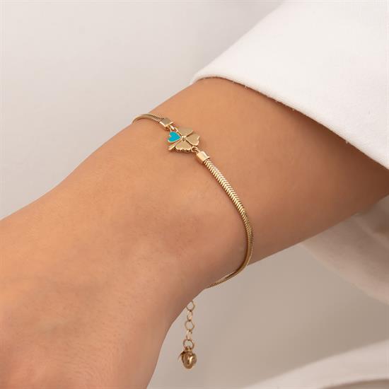 Mavi Mineli Yonca Balıksırtı Bileklik 14 Ayar Altın