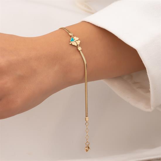 Mavi Mineli Yonca Balıksırtı Bileklik 14 Ayar Altın