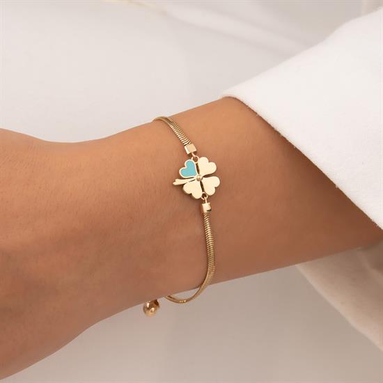 Mavi Mineli Yonca Balıksırtı 14 Ayar Altın Bileklik