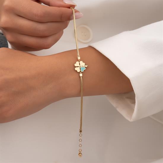 Mavi Mineli Yonca Balıksırtı 14 Ayar Altın Bileklik