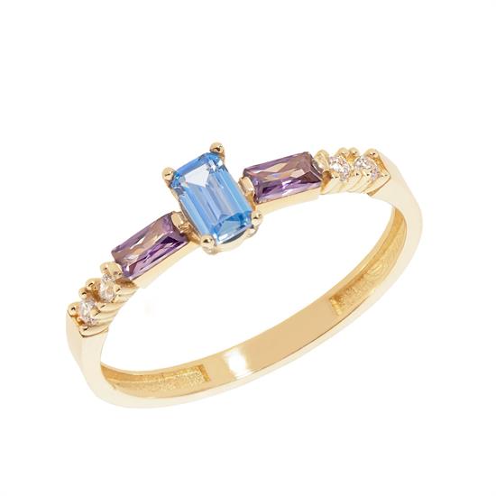 Mavi Mor Renkli Taşlı Spor 14 Ayar Altın Yüzük