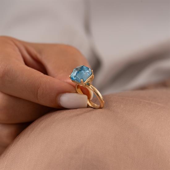 Mavi Oval Taşlı 14 Ayar Altın Yüzük