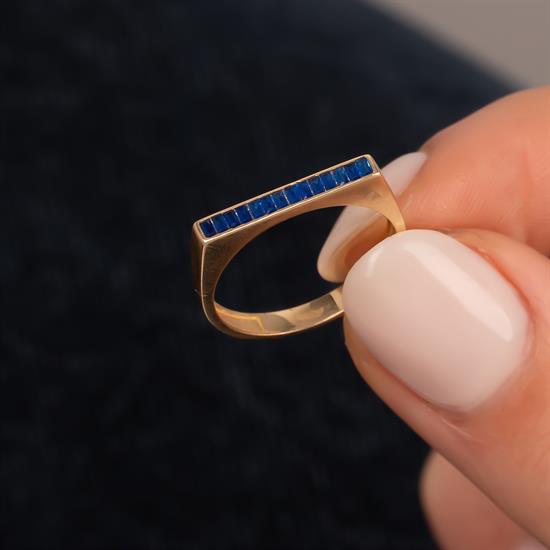 Mavi Sıra Taşlı 14 Ayar Altın Yüzük