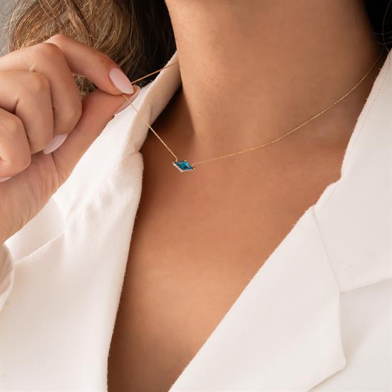 Mavi Taşlı 14 Ayar Altın Kolye