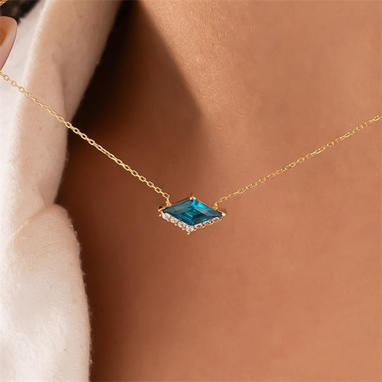 Mavi Taşlı 14 Ayar Altın Kolye