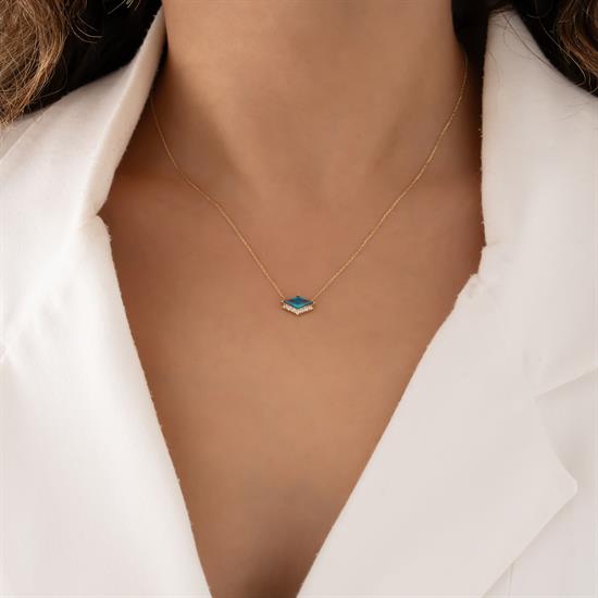 Mavi Taşlı 14 Ayar Altın Kolye