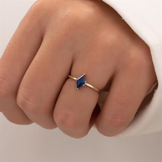 Mavi Taşlı 14 Ayar Altın Yüzük