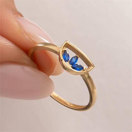 3 Mavi Taşlı 14 Ayar Altın Yüzük