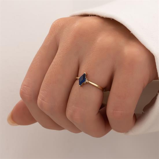 Mavi Taşlı 14 Ayar Altın Yüzük